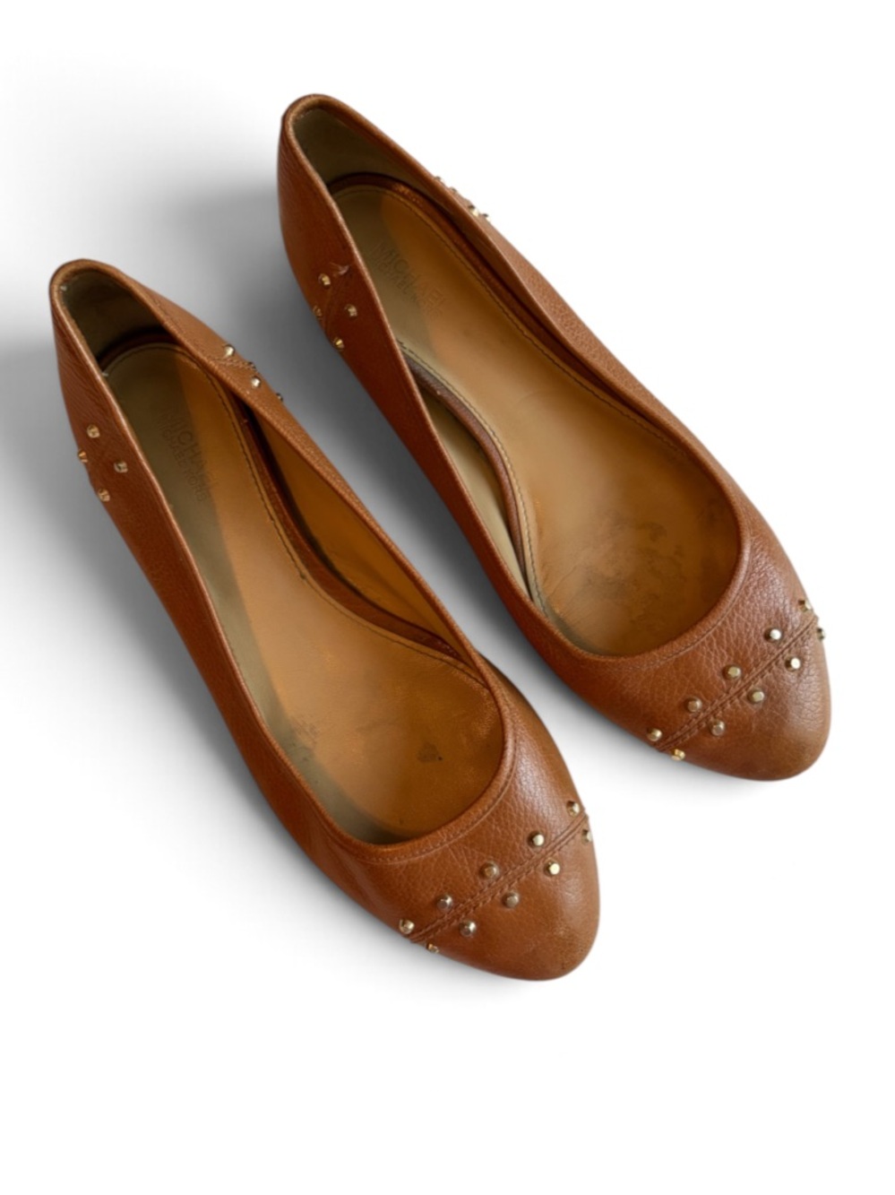 Michael by Michael Kors Gold Studded Brown Leather Ballet Flats Size 7.5